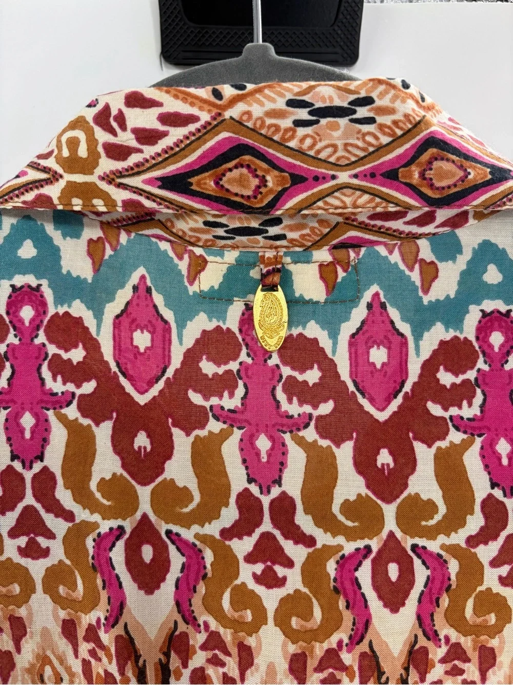 Ruby Yaya Boho Ikat Print Midi Shirt Dress Pink Orange Tiered Belted Festival xs